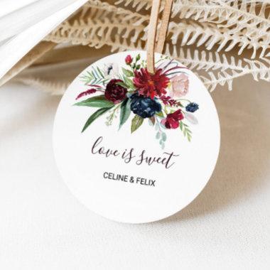 Modern Burgundy Navy Floral Love is Sweet Wedding Classic Round Sticker
