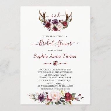 Modern Burgundy Plum Floral Antlers Bridal Shower Invitations