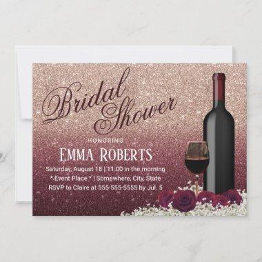 Modern Burgundy Red Wine & Flowers Bridal Shower Invitations