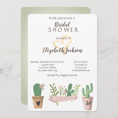 Modern Cactus Flower Gold Heart Bridal Shower Invitations