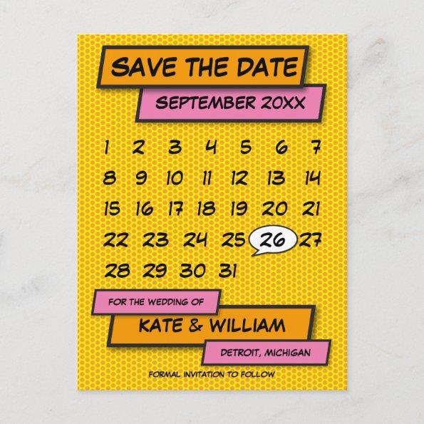 Modern Calendar Fun Comic Book Save The Date Announcement PostInvitations