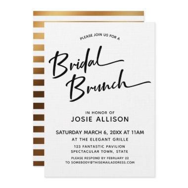 Modern Calligraphy Bridal Brunch Striped Gold Back Invitations