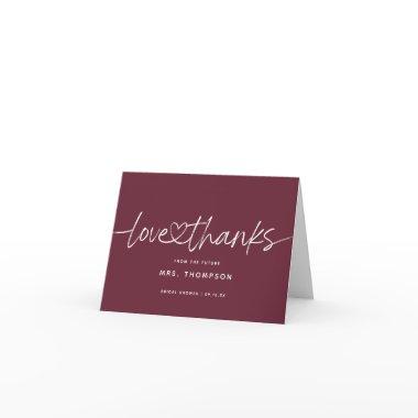 Modern Calligraphy Bridal Shower Burgundy Folded Thank You Invitations