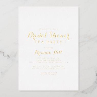 Modern Calligraphy Bridal Shower Tea Party Gold Foil Invitations