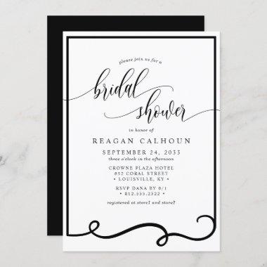 Modern Calligraphy Frame Black White Bridal Shower Invitations