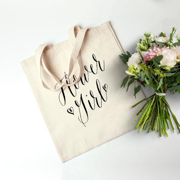 Modern Calligraphy Heart Wedding Party Flower Girl Tote Bag