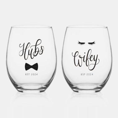 Modern Calligraphy Hubs Wifey Personalized Couple Stemless Wine Glass