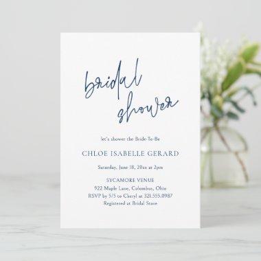 Modern Calligraphy Navy Blue Elegant Bridal Shower Invitations