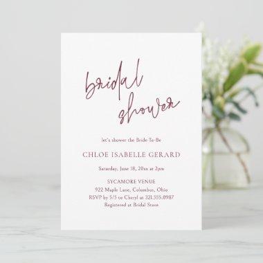 Modern Calligraphy Raspberry Elegant Bridal Shower Invitations