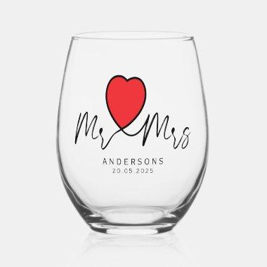 Modern Calligraphy Red Heart Mr. and Mrs. Wedding Stemless Wine Glass