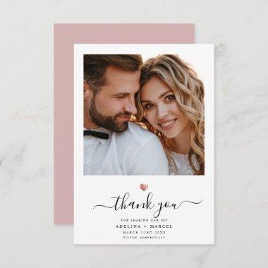 Modern Calligraphy Rose Gold Heart Wedding Photo Thank You Invitations