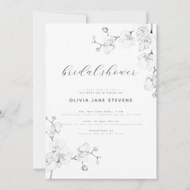 Modern Calligraphy White Orchids Bridal Shower Invitations