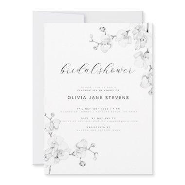 Modern Calligraphy White Orchids Bridal Shower Invitations