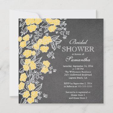 Modern Chalkboard Flower Gray Yellow Bridal Shower Invitations