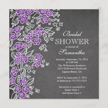 Modern Chalkboard Flower Purple Bridal Shower Invitations
