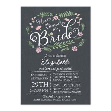 Modern Chalkboard Here Comes The Bride Floral Invitations