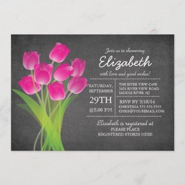 Modern Chalkboard Pink Tulip Bridal Shower Invitations