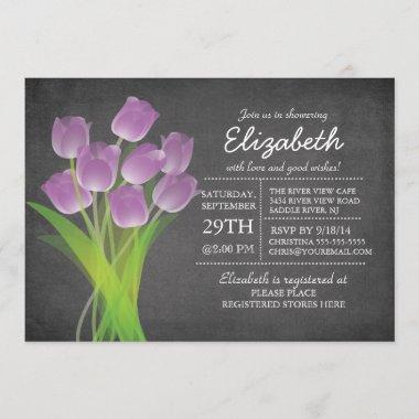 Modern Chalkboard Purple Tulip Bridal Shower Invitations