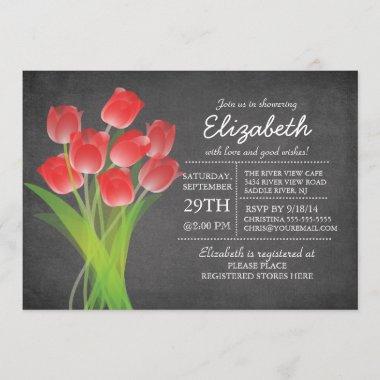 Modern Chalkboard Red Tulip Bridal Shower Invitations