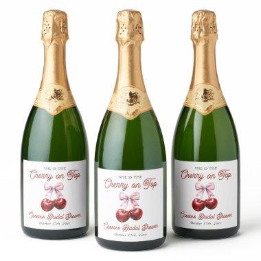 Modern Cherry On Top Pink Bow  Sparkling Wine Label