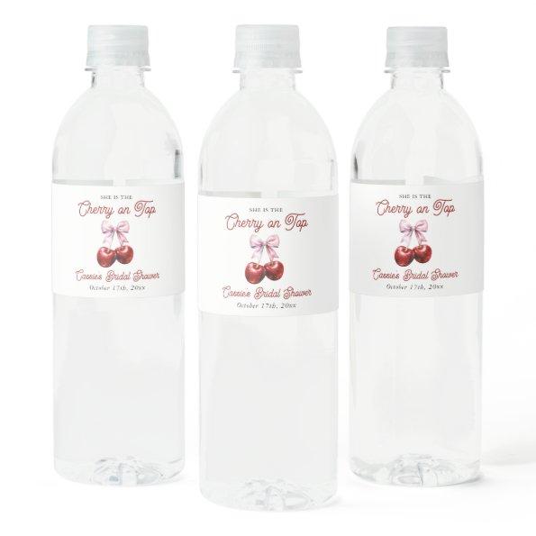 Modern Cherry On Top Pink Bow  Water Bottle Label