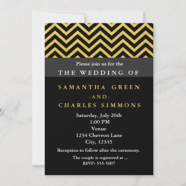 Modern Chevron Black & Gold Wedding Invitations