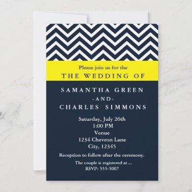 Modern Chevron Blue & Yellow Wedding Invitations
