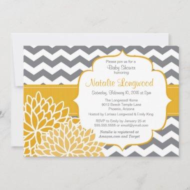 Modern Chevron Floral baby or bridal shower yellow Invitations