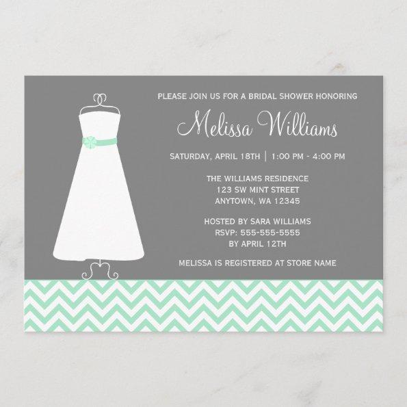 Modern Chevron Gown Mint Gray Bridal Shower Invitations