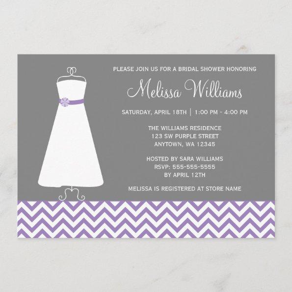 Modern Chevron Gown Purple Gray Bridal Shower Invitations