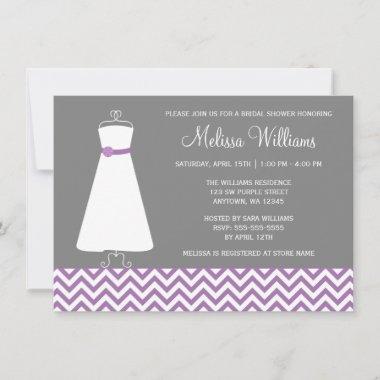 Modern Chevron Gown Purple Grey Bridal Shower Invitations