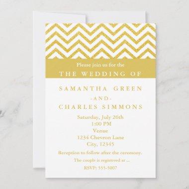 Modern Chevron White & Gold Wedding Invitations