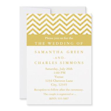 Modern Chevron White & Gold Wedding Invitations