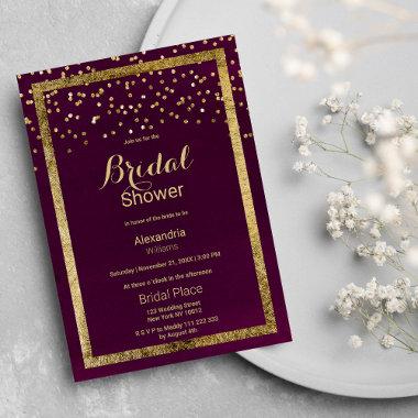 Modern chic burgundy gold confetti Bridal Shower Invitations
