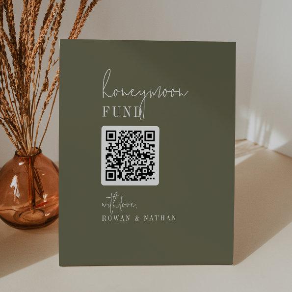 Modern Chic Olive Green QR Code Honeymoon Fund Pedestal Sign