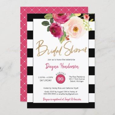 Modern Chic Stripe with Pink Flowers Bridal Shower Invitations