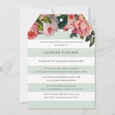 MODERN Chic Wide Stripes w Roses, Mint Green Invitations