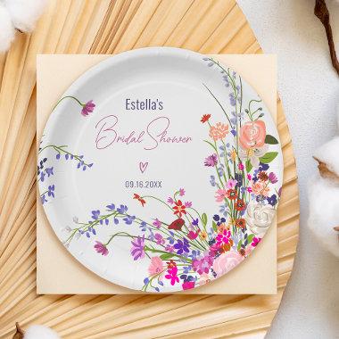 Modern chic wild flowers script bridal shower paper plates