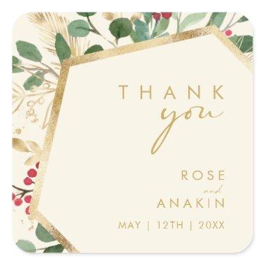 Modern Christmas Greenery Cream Thank You Wedding Square Sticker