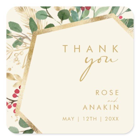 Modern Christmas Greenery Cream Thank You Wedding Square Sticker