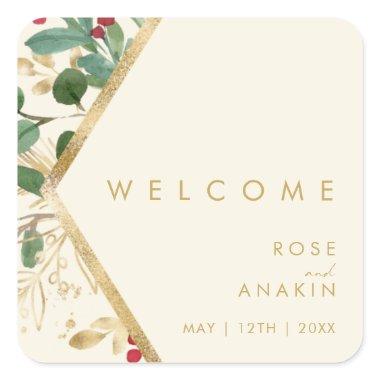 Modern Christmas Greenery | Cream Wedding Welcome Square Sticker