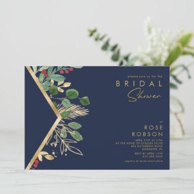 Modern Christmas Greenery | Navy Bridal Shower Invitations