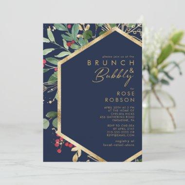 Modern Christmas Greenery Navy Brunch and Bubbly Invitations