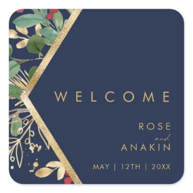 Modern Christmas Greenery | Navy Wedding Welcome Square Sticker