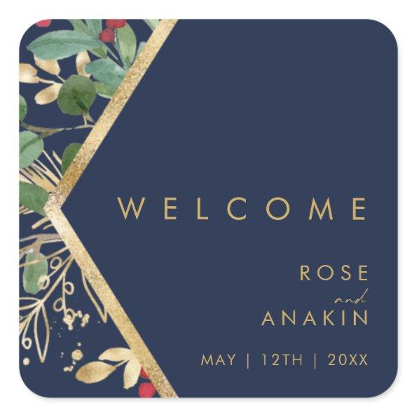 Modern Christmas Greenery | Navy Wedding Welcome Square Sticker