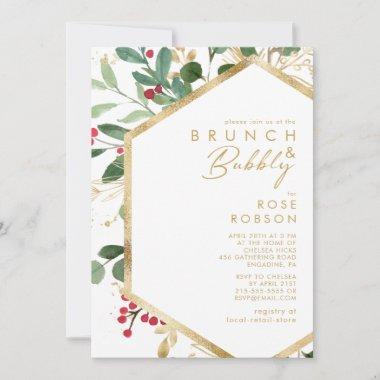 Modern Christmas Greenery White Brunch and Bubbly Invitations