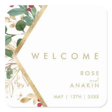 Modern Christmas Greenery | White Wedding Welcome Square Sticker