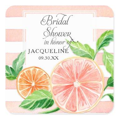 Modern Citrus Pink Grapefruit Orange Bridal Shower Square Sticker