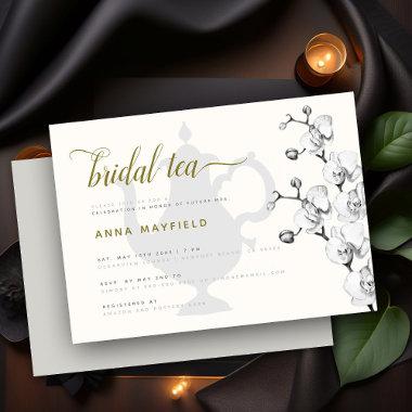 Modern Classic Black White Gold Orchid Bridal Tea Invitations
