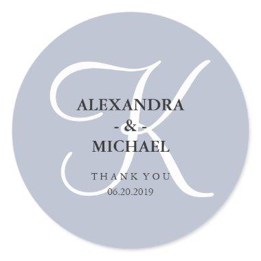 Modern Classic Monogram | Dusty Blue Thank You Classic Round Sticker